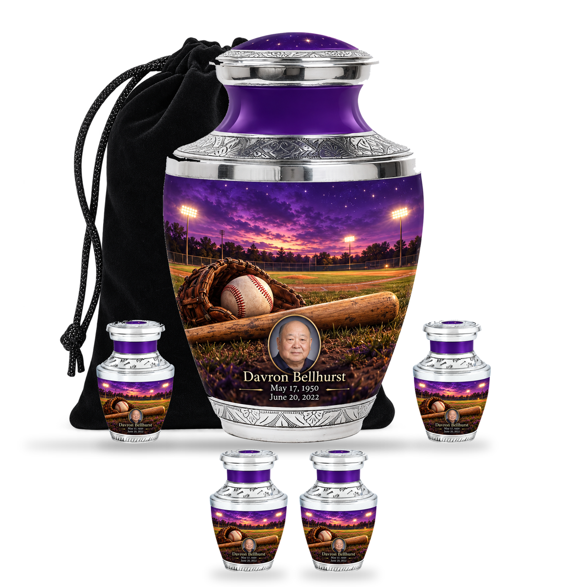 Tasty baseball scene photo memorial urn, 10 inch large Urn with 4 Keepsake 3 Inch Urns; fictional personalization example.