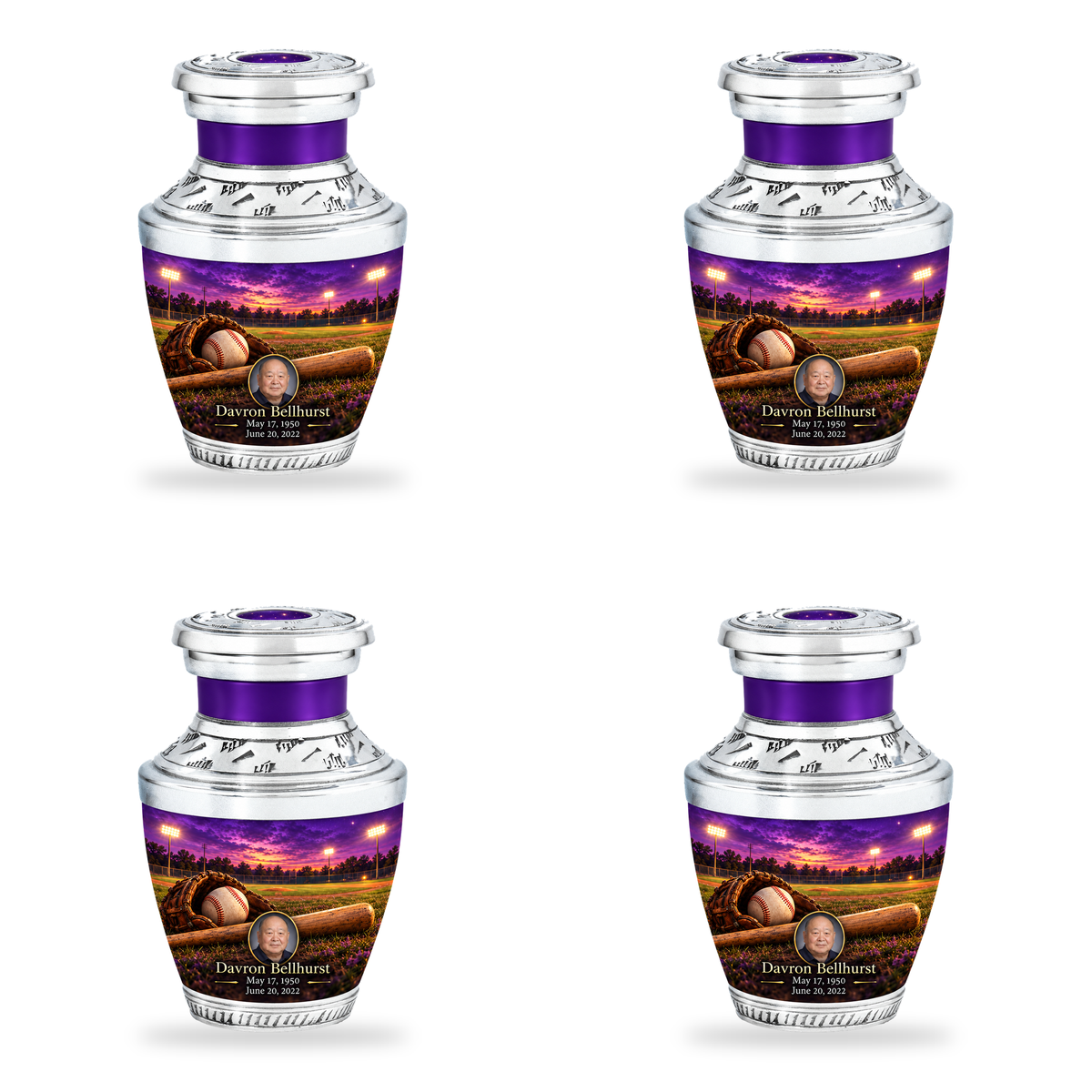 Tasty baseball scene photo memorial urn, 4 Keepsake 3 inch Urns; fictional personalization example.