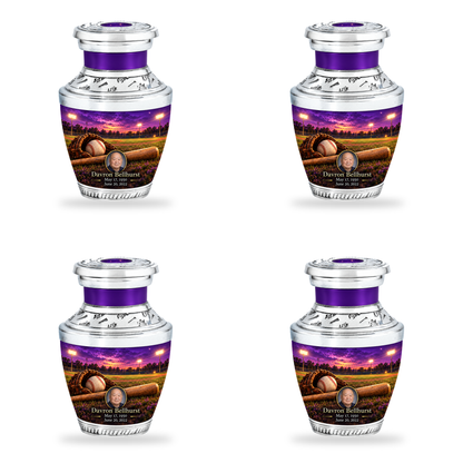 Tasty baseball scene photo memorial urn, 4 Keepsake 3 inch Urns; fictional personalization example.