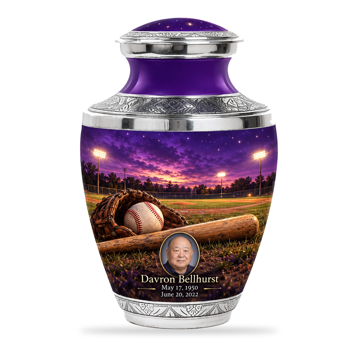 Tasty baseball scene photo memorial urn, 10 inch large Urn; fictional personalization example.