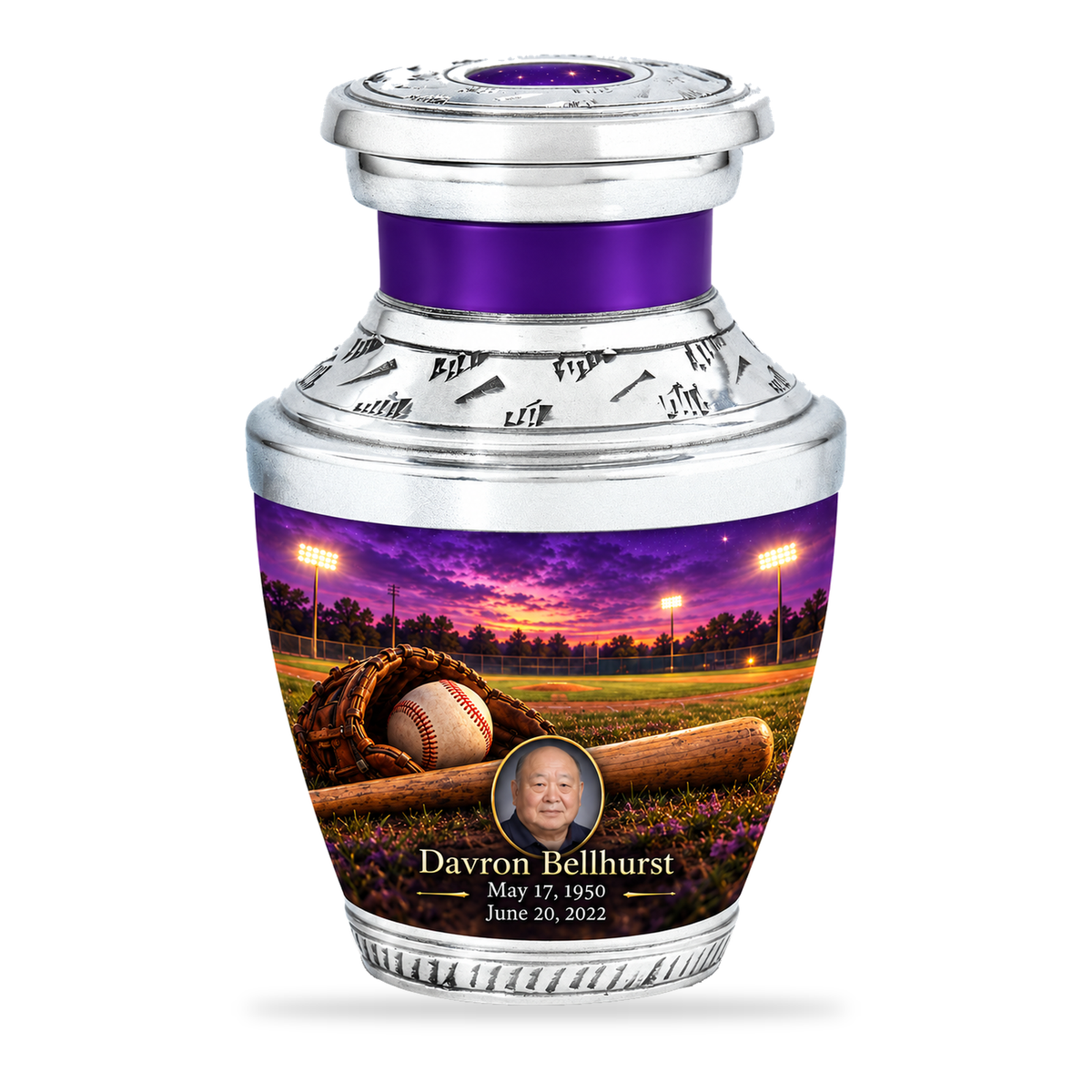 Tasty baseball scene photo memorial urn, 1 Keepsake 3 inch Urn; fictional personalization example.