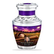 Tasty baseball scene photo memorial urn, 1 Keepsake 3 inch Urn; fictional personalization example.