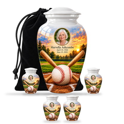 Classic baseball scene photo memorial urn, 10 inch large Urn with 4 Keepsake 3 Inch Urns; fictional personalization example.