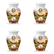 Classic baseball scene photo memorial urn, 4 Keepsake 3 inch Urns; fictional personalization example.