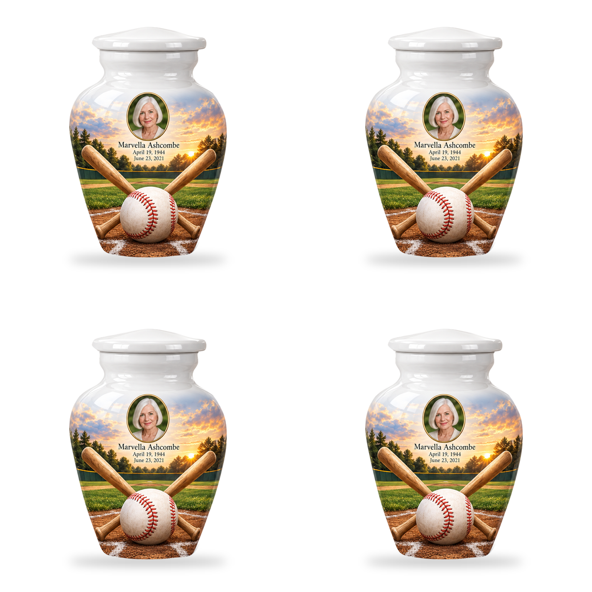 Classic baseball scene photo memorial urn, 4 Keepsake 3 inch Urns; fictional personalization example.