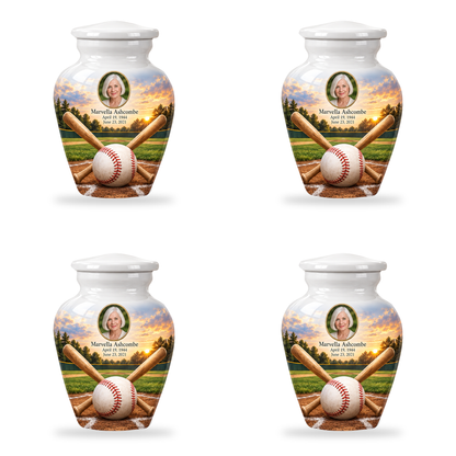 Classic baseball scene photo memorial urn, 4 Keepsake 3 inch Urns; fictional personalization example.