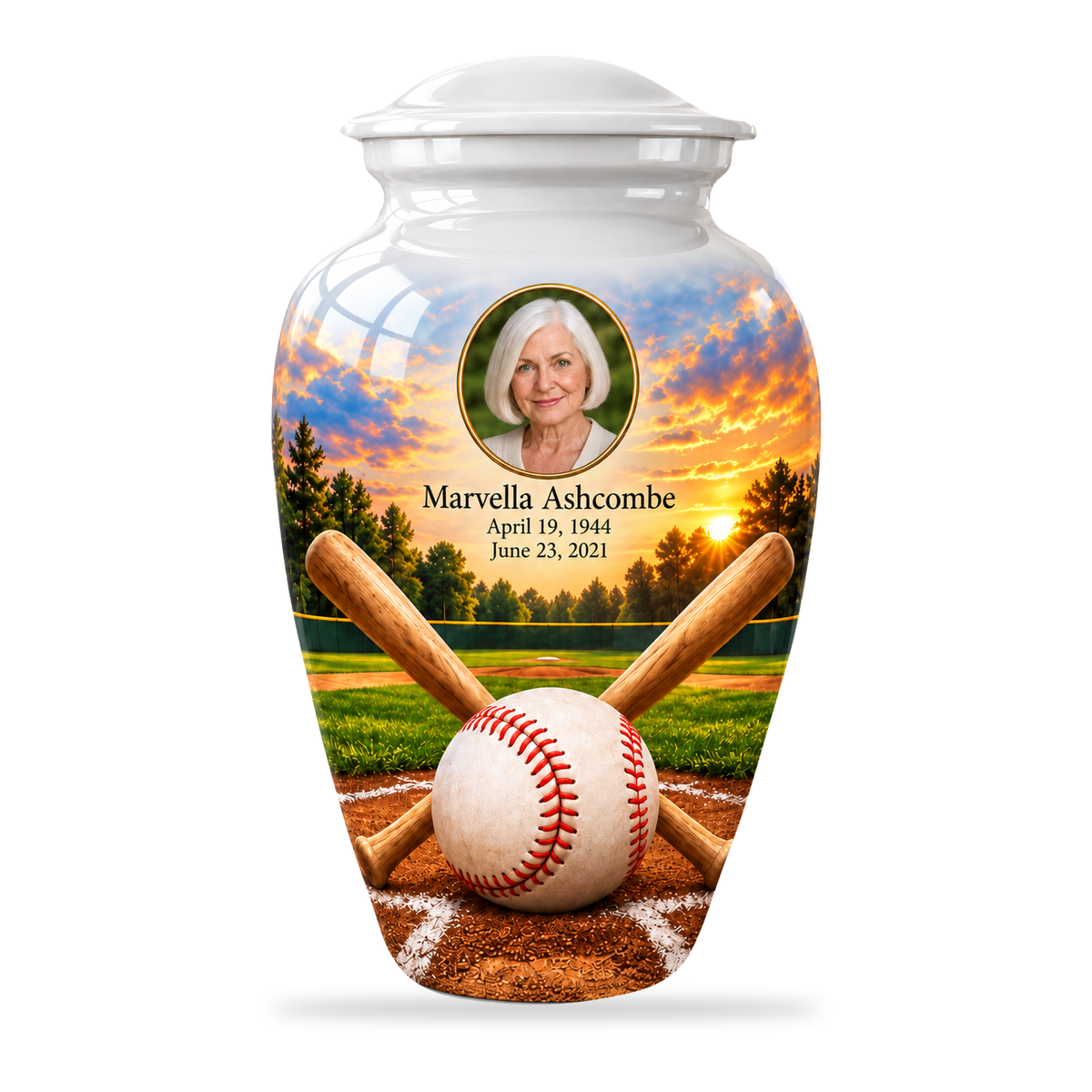 Classic baseball scene photo memorial urn, 10 inch large Urn; fictional personalization example.