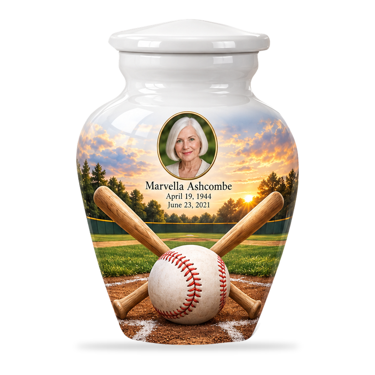 Classic baseball scene photo memorial urn, 1 Keepsake 3 inch Urn; fictional personalization example.