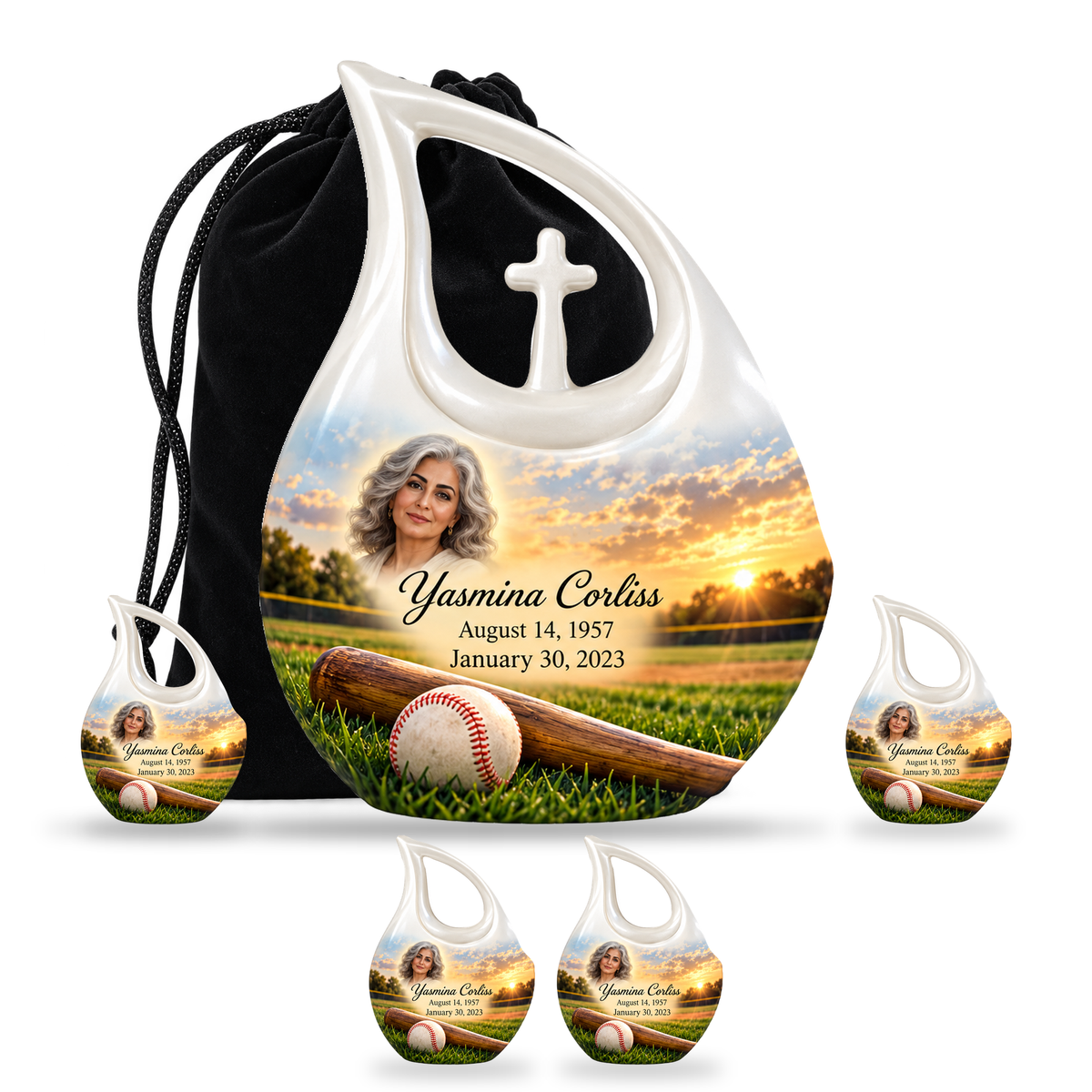 Cross Drop baseball scene photo memorial urn, 10 inch large Urn with 4 Keepsake 3 Inch Urns; fictional personalization example.