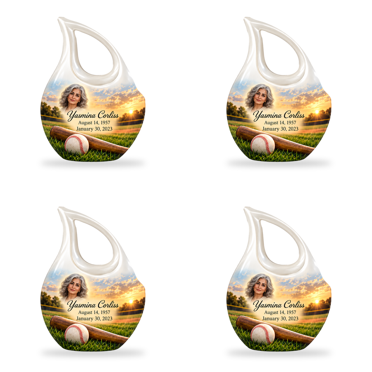 Cross Drop baseball scene photo memorial urn, 4 Keepsake 3 inch Urns; fictional personalization example.