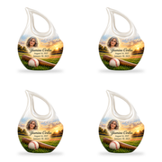 Cross Drop baseball scene photo memorial urn, 4 Keepsake 3 inch Urns; fictional personalization example.