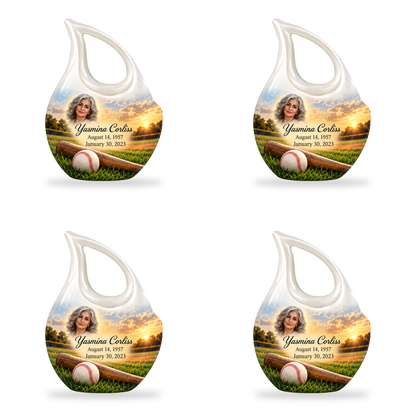 Cross Drop baseball scene photo memorial urn, 4 Keepsake 3 inch Urns; fictional personalization example.