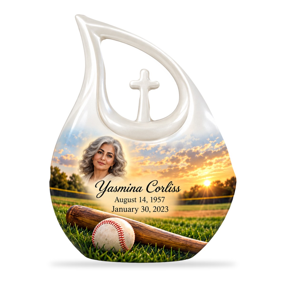 Cross Drop baseball scene photo memorial urn, 10 inch large Urn; fictional personalization example.