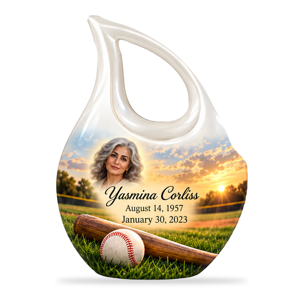 Cross Drop baseball scene photo memorial urn, 1 Keepsake 3 inch Urn; fictional personalization example.