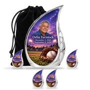 Curved Drop baseball scene photo memorial urn, 10 inch large Urn with 4 Keepsake 3 Inch Urns; fictional personalization example.