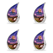 Curved Drop baseball scene photo memorial urn, 4 Keepsake 3 inch Urns; fictional personalization example.