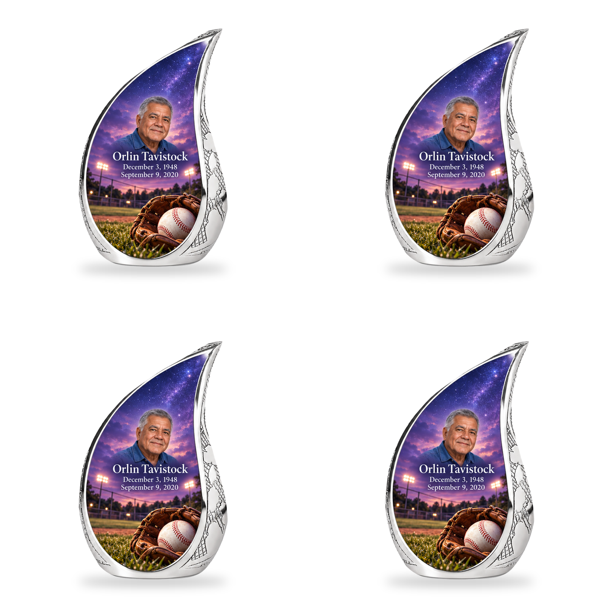 Curved Drop baseball scene photo memorial urn, 4 Keepsake 3 inch Urns; fictional personalization example.