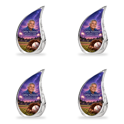 Curved Drop baseball scene photo memorial urn, 4 Keepsake 3 inch Urns; fictional personalization example.