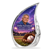 Curved Drop baseball scene photo memorial urn, 10 inch large Urn; fictional personalization example.