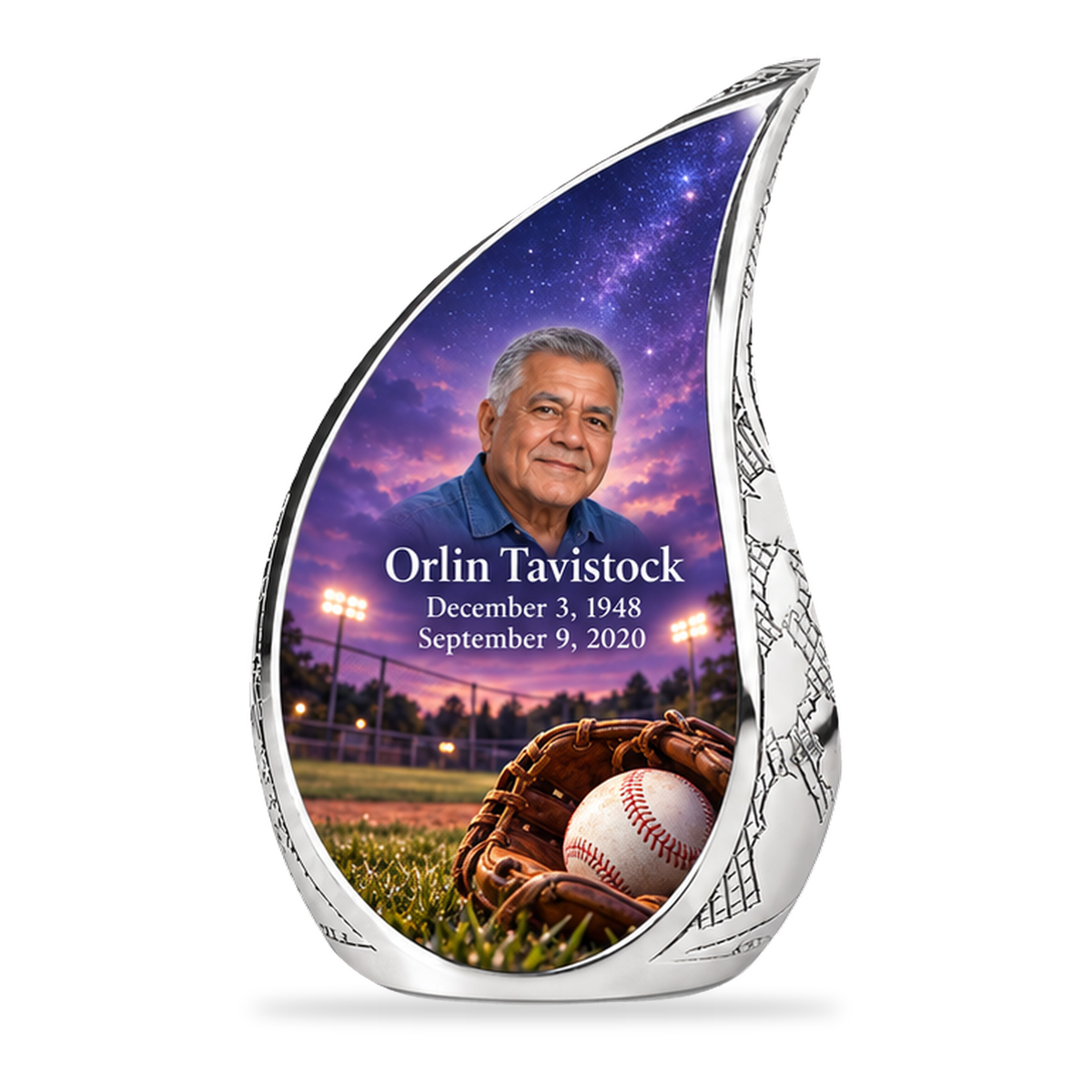 Curved Drop baseball scene photo memorial urn, 1 Keepsake 3 inch Urn; fictional personalization example.