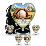 Heart baseball scene photo memorial urn, 10 inch large Urn with 4 Keepsake 3 Inch Urns; fictional personalization example.