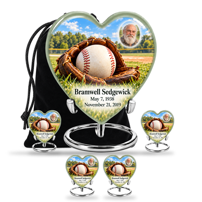 Heart baseball scene photo memorial urn, 10 inch large Urn with 4 Keepsake 3 Inch Urns; fictional personalization example.