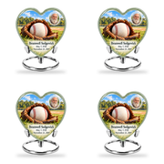 Heart baseball scene photo memorial urn, 4 Keepsake 3 inch Urns; fictional personalization example.