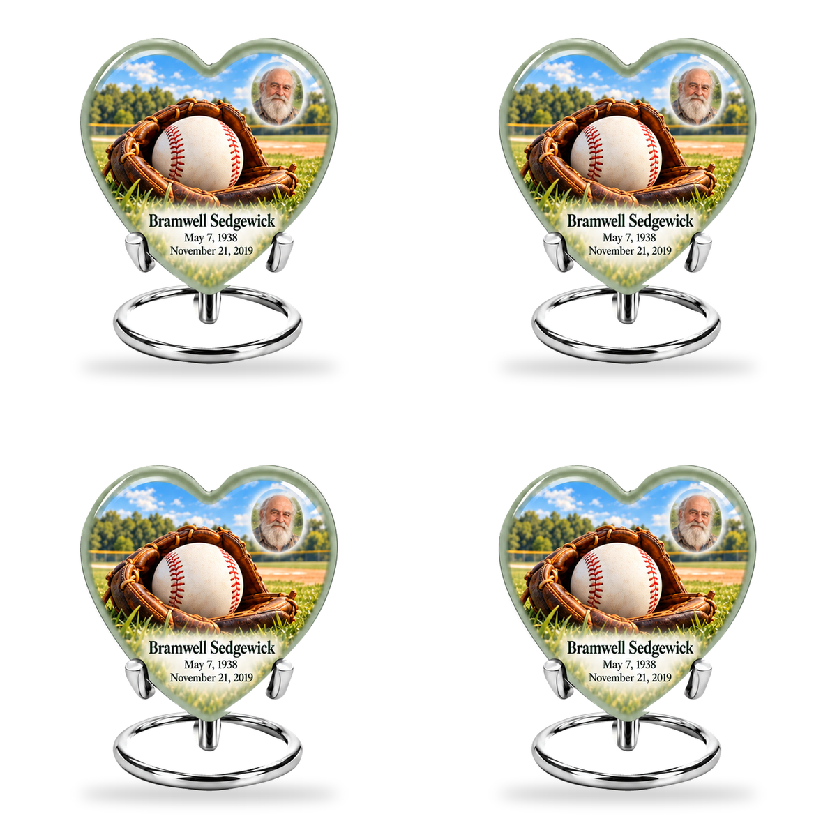 Heart baseball scene photo memorial urn, 4 Keepsake 3 inch Urns; fictional personalization example.