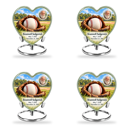 Heart baseball scene photo memorial urn, 4 Keepsake 3 inch Urns; fictional personalization example.