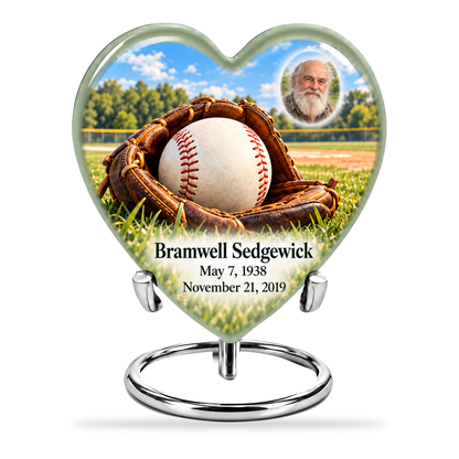 Heart baseball scene photo memorial urn, 10 inch large Urn; fictional personalization example.