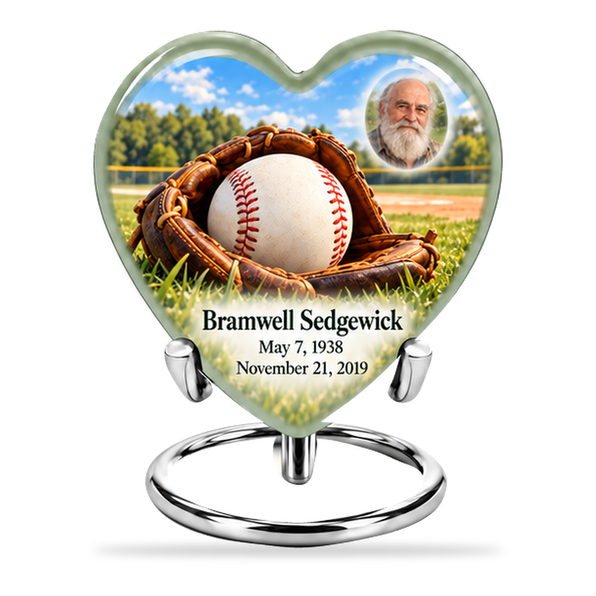 Heart baseball scene photo memorial urn, 1 Keepsake 3 inch Urn; fictional personalization example.