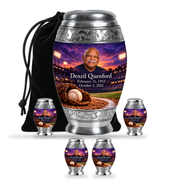 Monar baseball scene photo memorial urn, 10 inch large Urn with 4 Keepsake 3 Inch Urns; fictional personalization example.