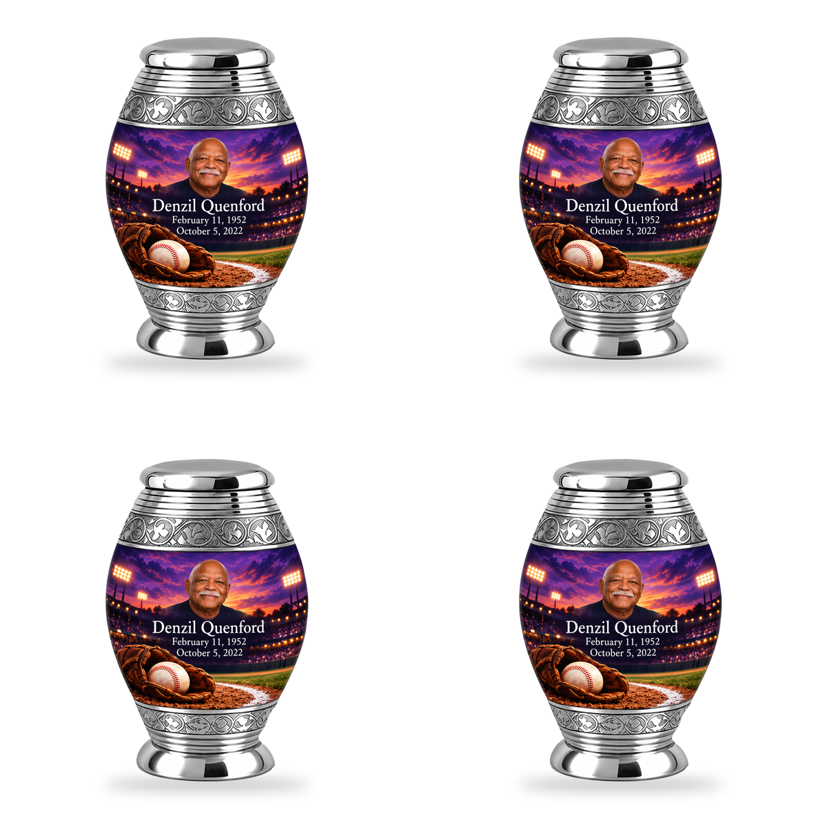 Monar baseball scene photo memorial urn, 4 Keepsake 3 inch Urns; fictional personalization example.