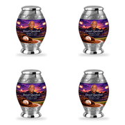 Monar baseball scene photo memorial urn, 4 Keepsake 3 inch Urns; fictional personalization example.