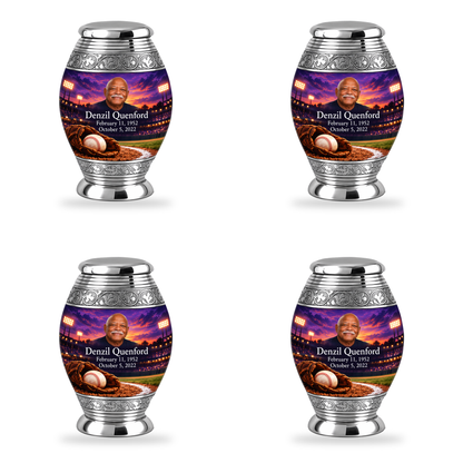 Monar baseball scene photo memorial urn, 4 Keepsake 3 inch Urns; fictional personalization example.