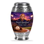 Monar baseball scene photo memorial urn, 10 inch large Urn; fictional personalization example.