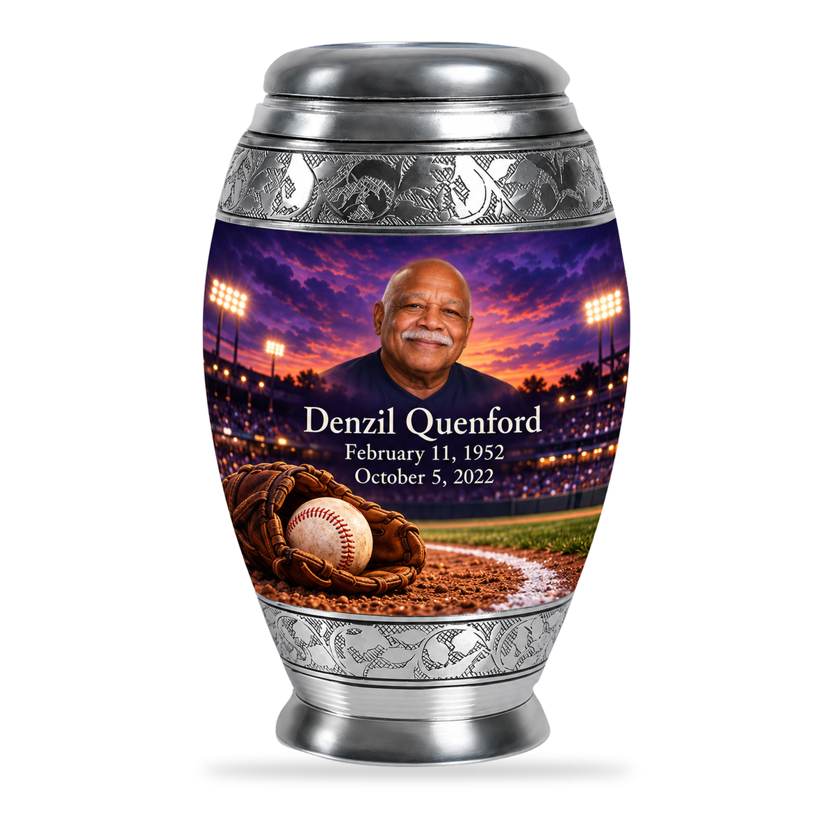 Monar baseball scene photo memorial urn, 10 inch large Urn; fictional personalization example.