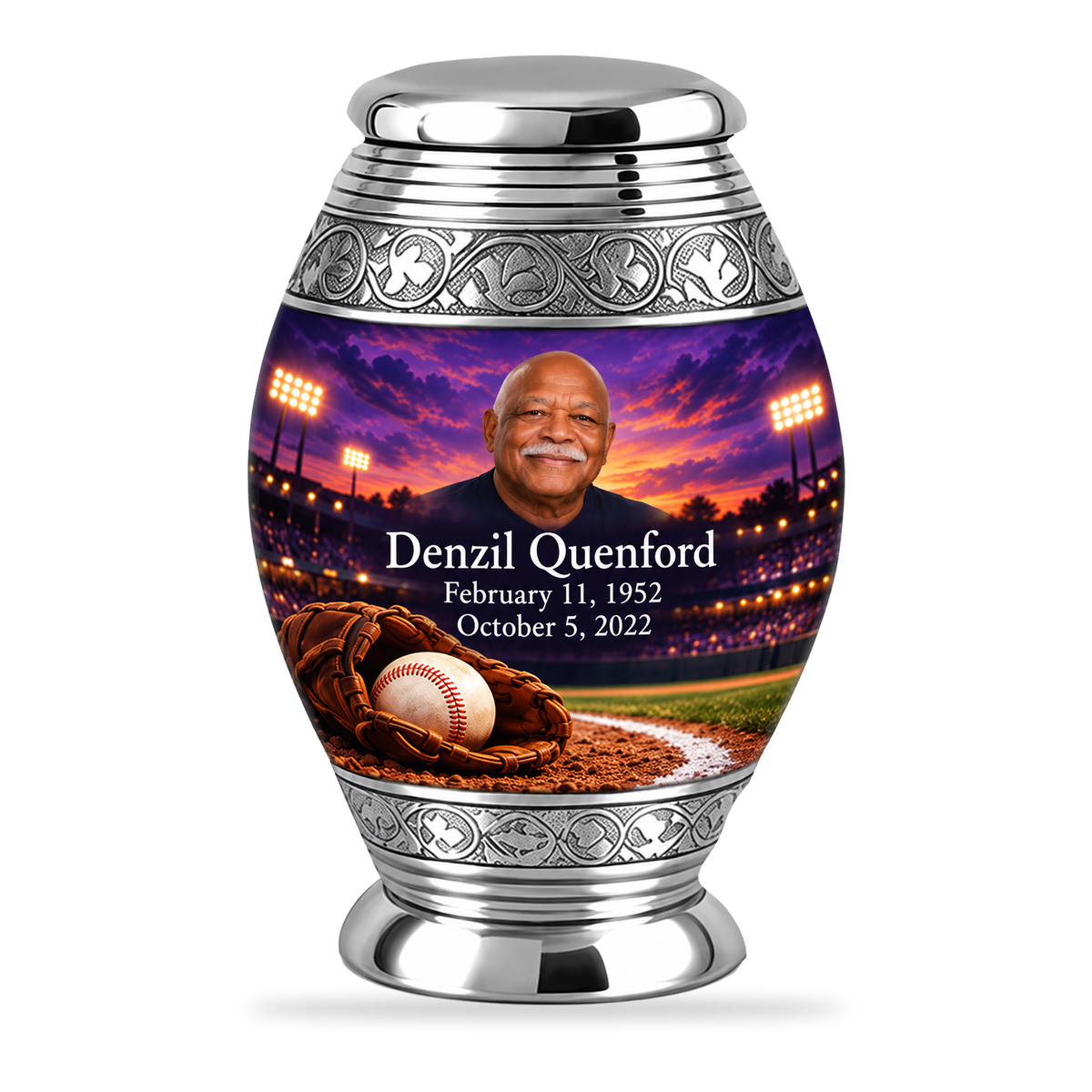 Monar baseball scene photo memorial urn, 1 Keepsake 3 inch Urn; fictional personalization example.