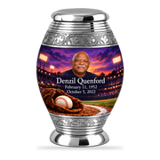 Monar baseball scene photo memorial urn, 1 Keepsake 3 inch Urn; fictional personalization example.