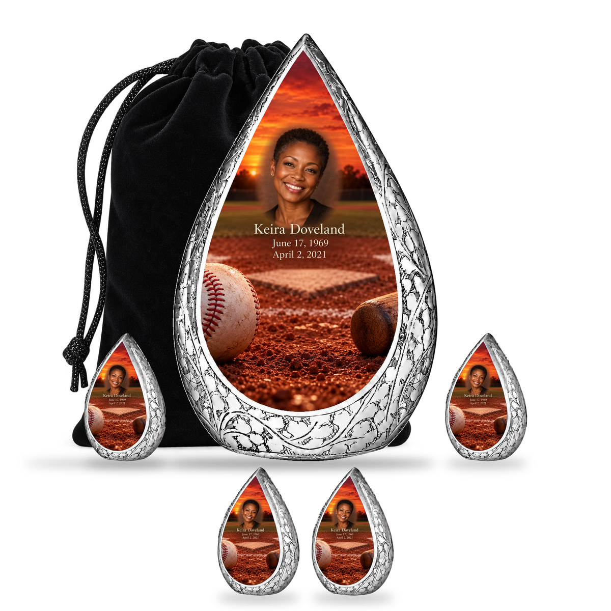 Straight Drop baseball scene photo memorial urn, 10 inch large Urn with 4 Keepsake 3 Inch Urns; fictional personalization example.