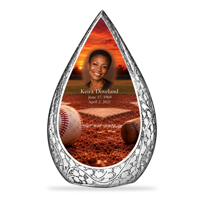 Straight Drop baseball scene photo memorial urn, 10 inch large Urn; fictional personalization example.