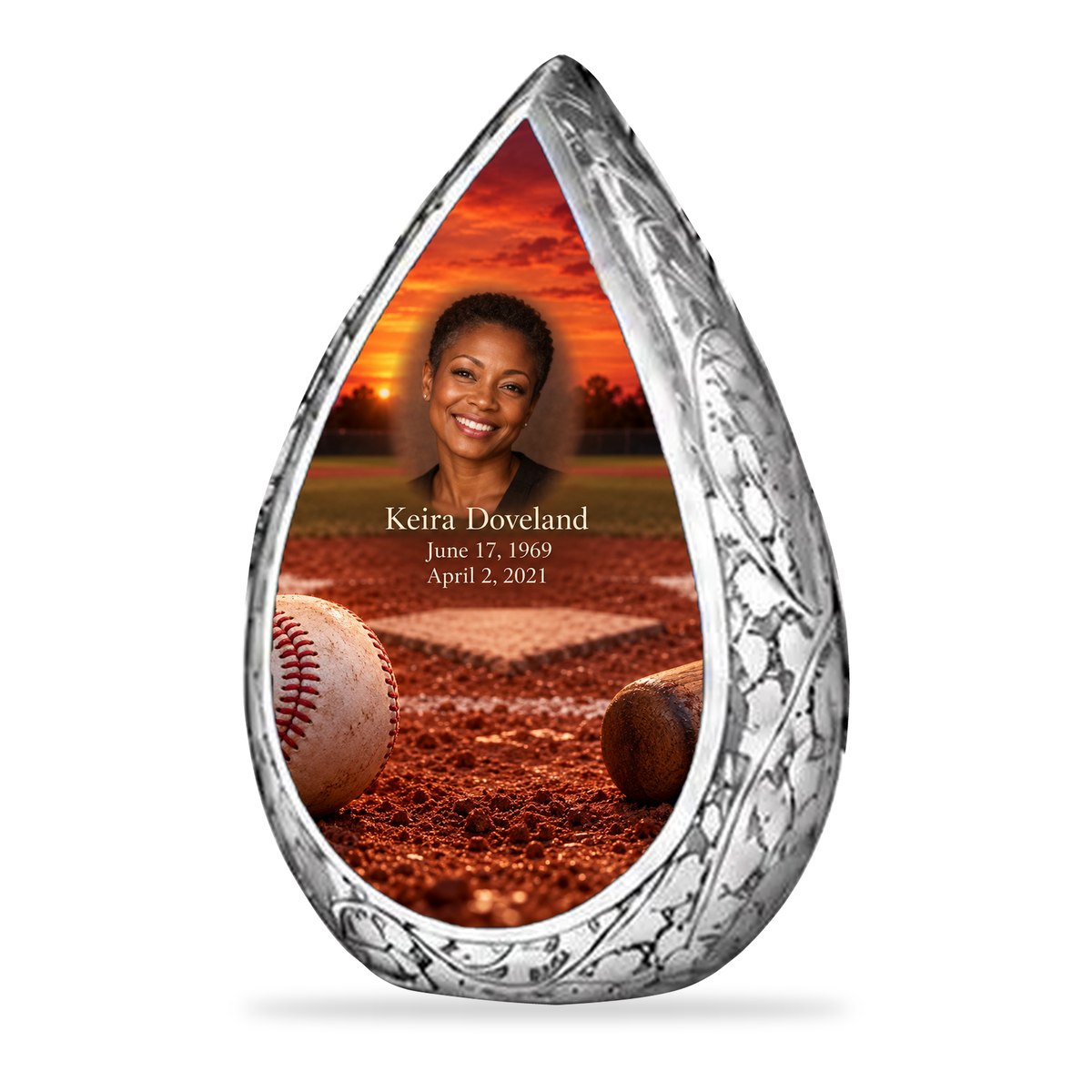 Straight Drop baseball scene photo memorial urn, 1 Keepsake 3 inch Urn; fictional personalization example.