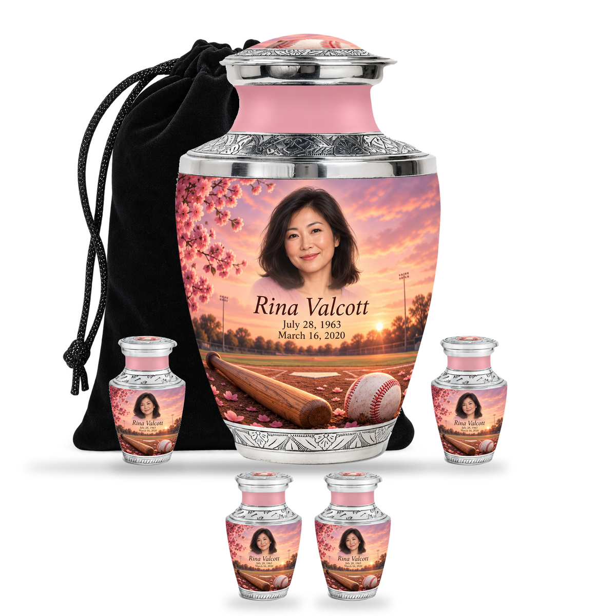 Tasty baseball scene photo memorial urn, 10 inch large Urn with 4 Keepsake 3 Inch Urns; fictional personalization example.