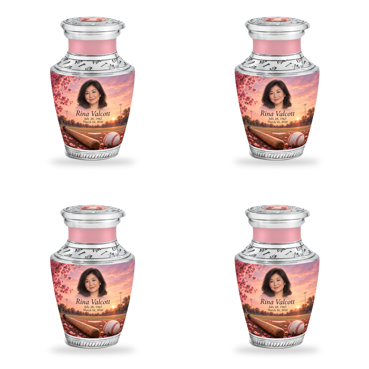 Tasty baseball scene photo memorial urn, 4 Keepsake 3 inch Urns; fictional personalization example.