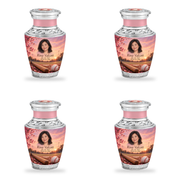 Tasty baseball scene photo memorial urn, 4 Keepsake 3 inch Urns; fictional personalization example.