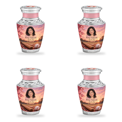 Tasty baseball scene photo memorial urn, 4 Keepsake 3 inch Urns; fictional personalization example.