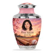 Tasty baseball scene photo memorial urn, 10 inch large Urn; fictional personalization example.