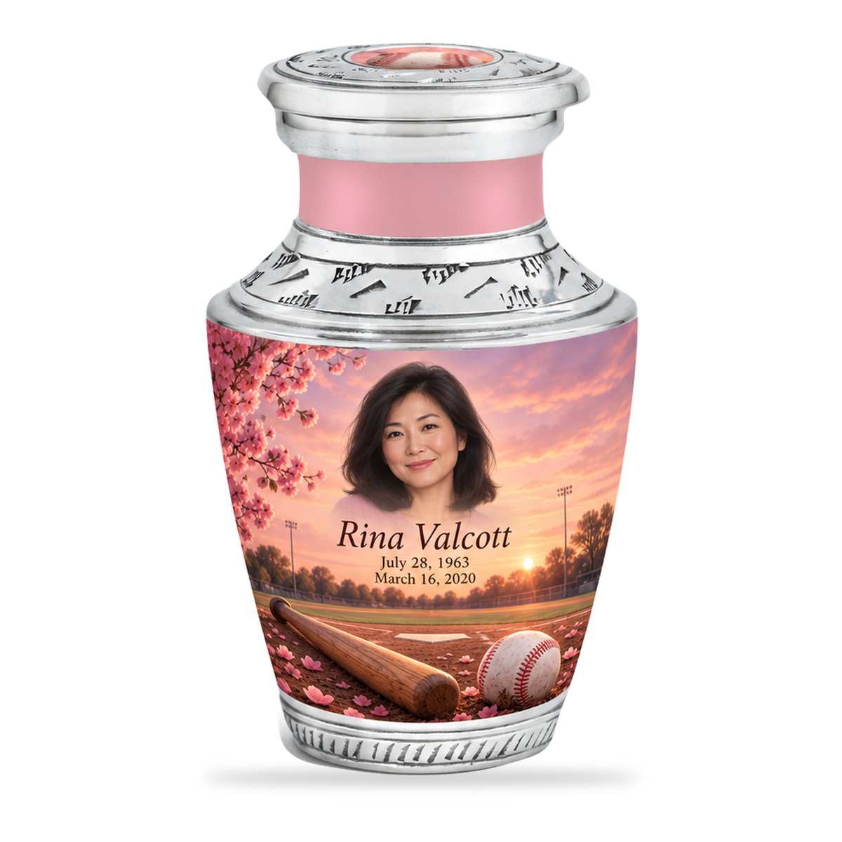 Tasty baseball scene photo memorial urn, 1 Keepsake 3 inch Urn; fictional personalization example.