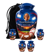 Classic baseball scene photo memorial urn, 10 inch large Urn with 4 Keepsake 3 Inch Urns; fictional personalization example.