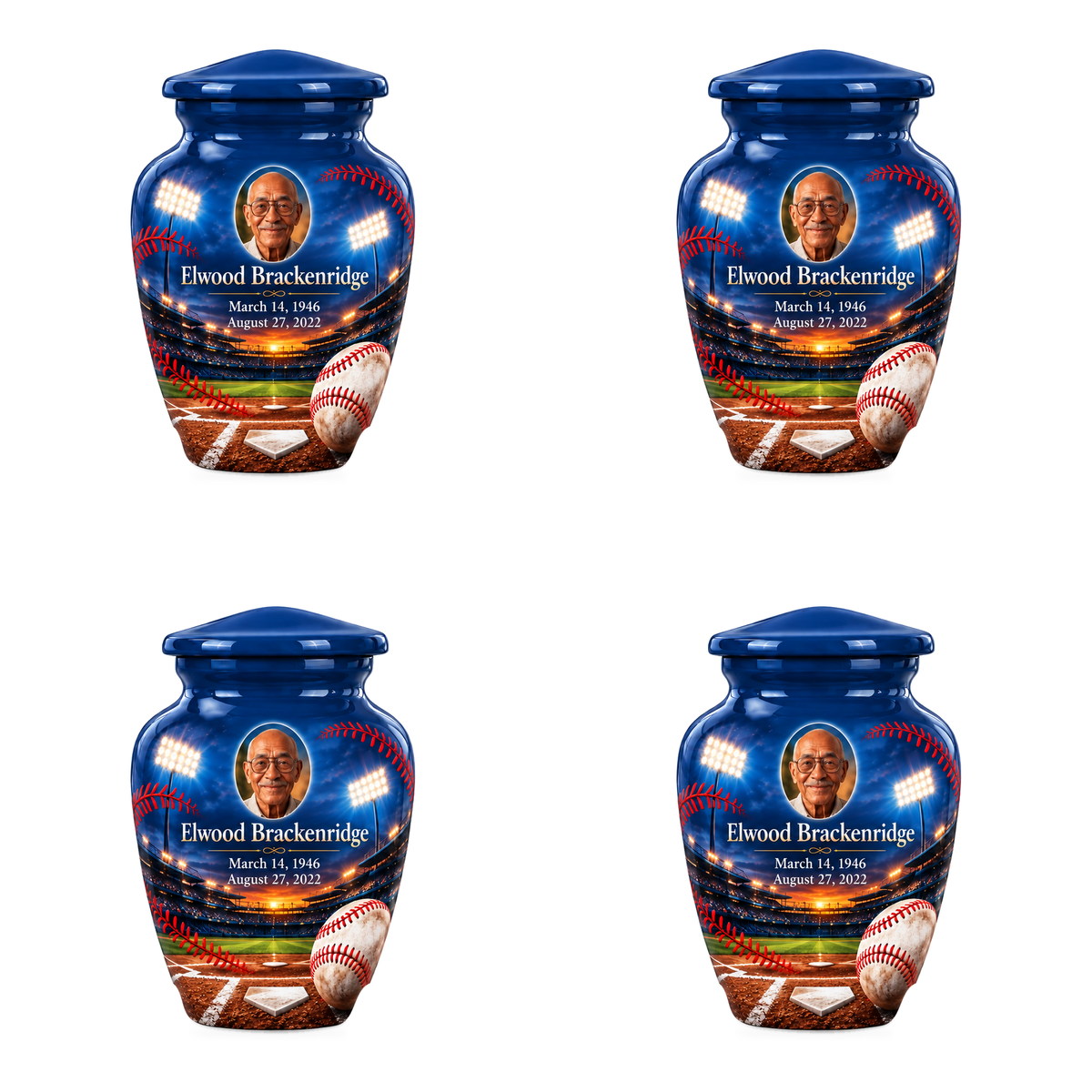 Classic baseball scene photo memorial urn, 4 Keepsake 3 inch Urns; fictional personalization example.